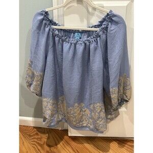 Ce Ce Women's Blue 3/4 Sleeve Gathered Neckline Top Size XL